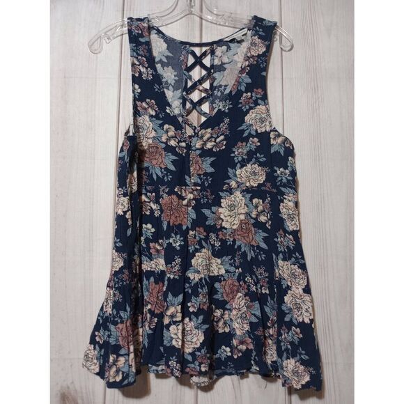 American Eagle Shirt Ladies Small Blue Floral‎ Sleeveless Cut Out Design - Picture 1 of 8